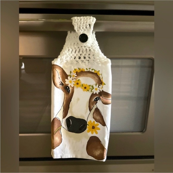 Hand Crafted Colorful Cow Print Hanging Hand Towel Crochet Top Button Closure - Picture 5 of 6